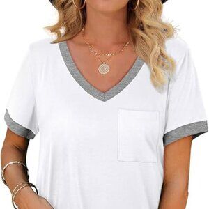 Geifa Womens T Shirts Short Sleeve V Neck Loose Casual Summer Tops with Pocket